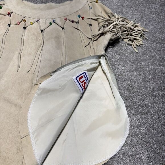 Pioneer Wear Fringe Beaded Tan Ivory Leather Women's Top Size 10 Cowgirl Western - Picture 6 of 13